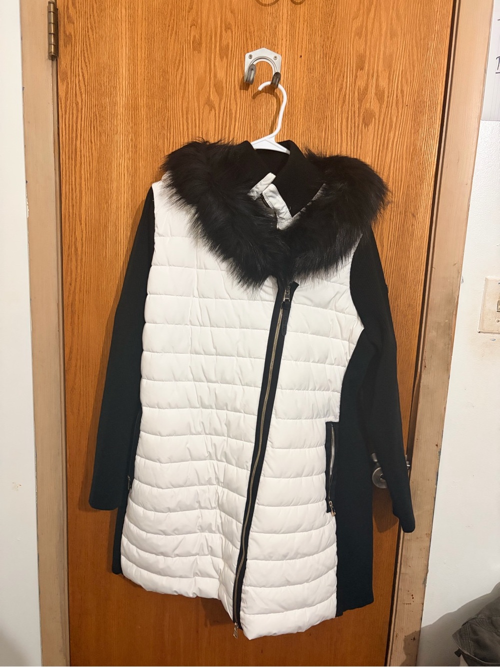 Calvin Klein Black & White Quilted Coat with Faux Fur Collar